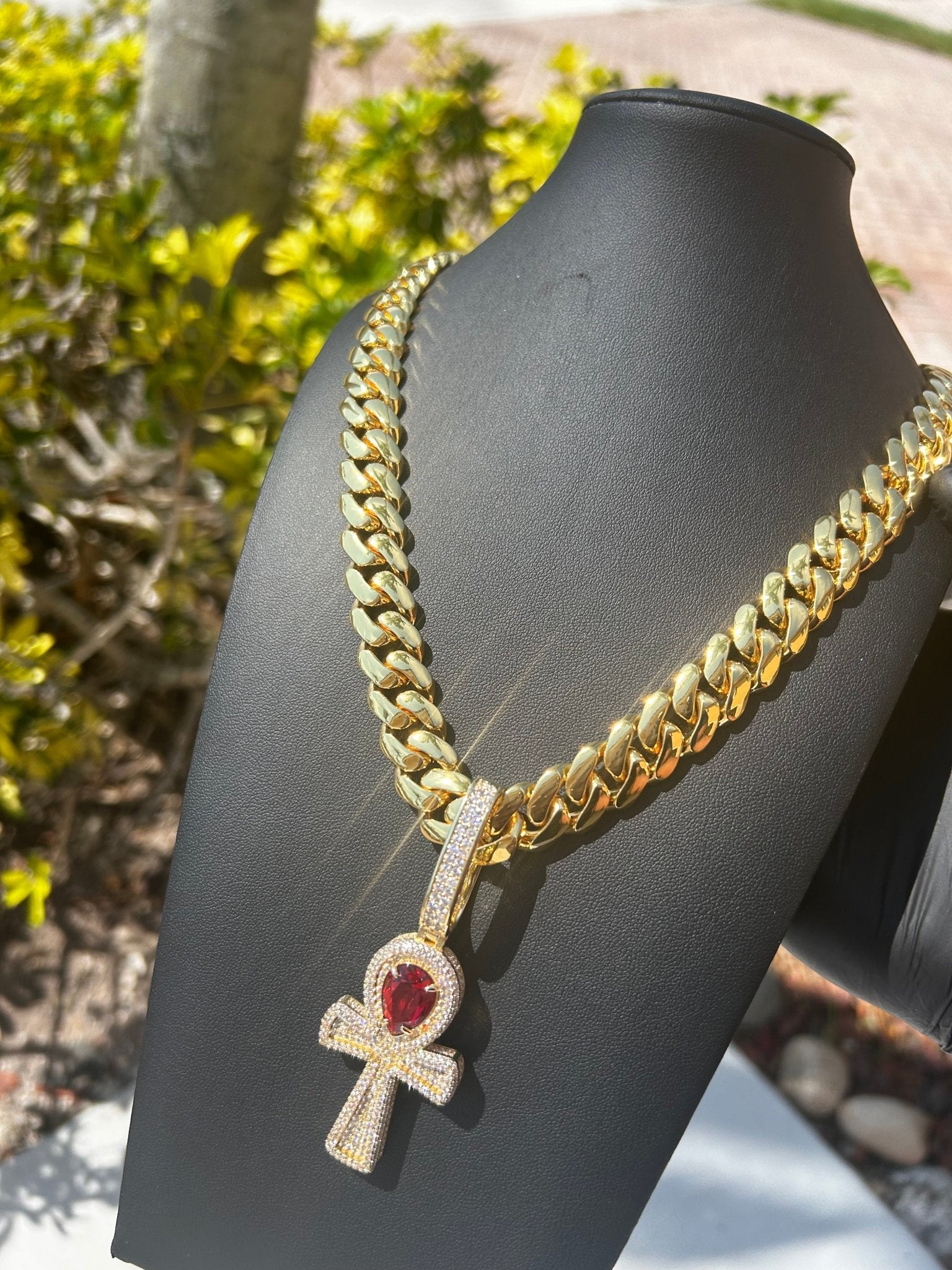 Miami Gold Cuban Chain & Red Ruby Ankh Pendant Set - Virtue Jewel14mm (Slim)16inch