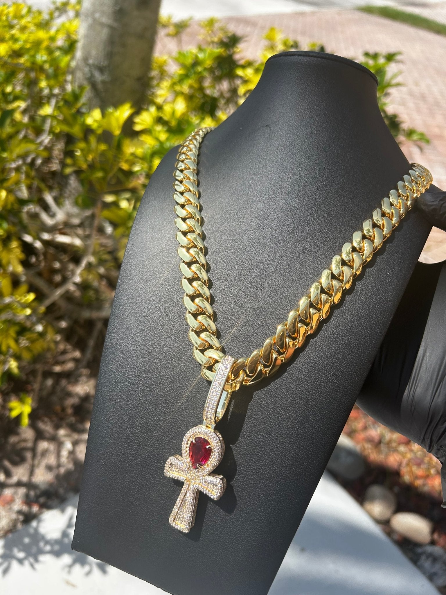 Miami Gold Cuban Chain & Red Ruby Ankh Pendant Set - Virtue Jewel14mm (Slim)16inch