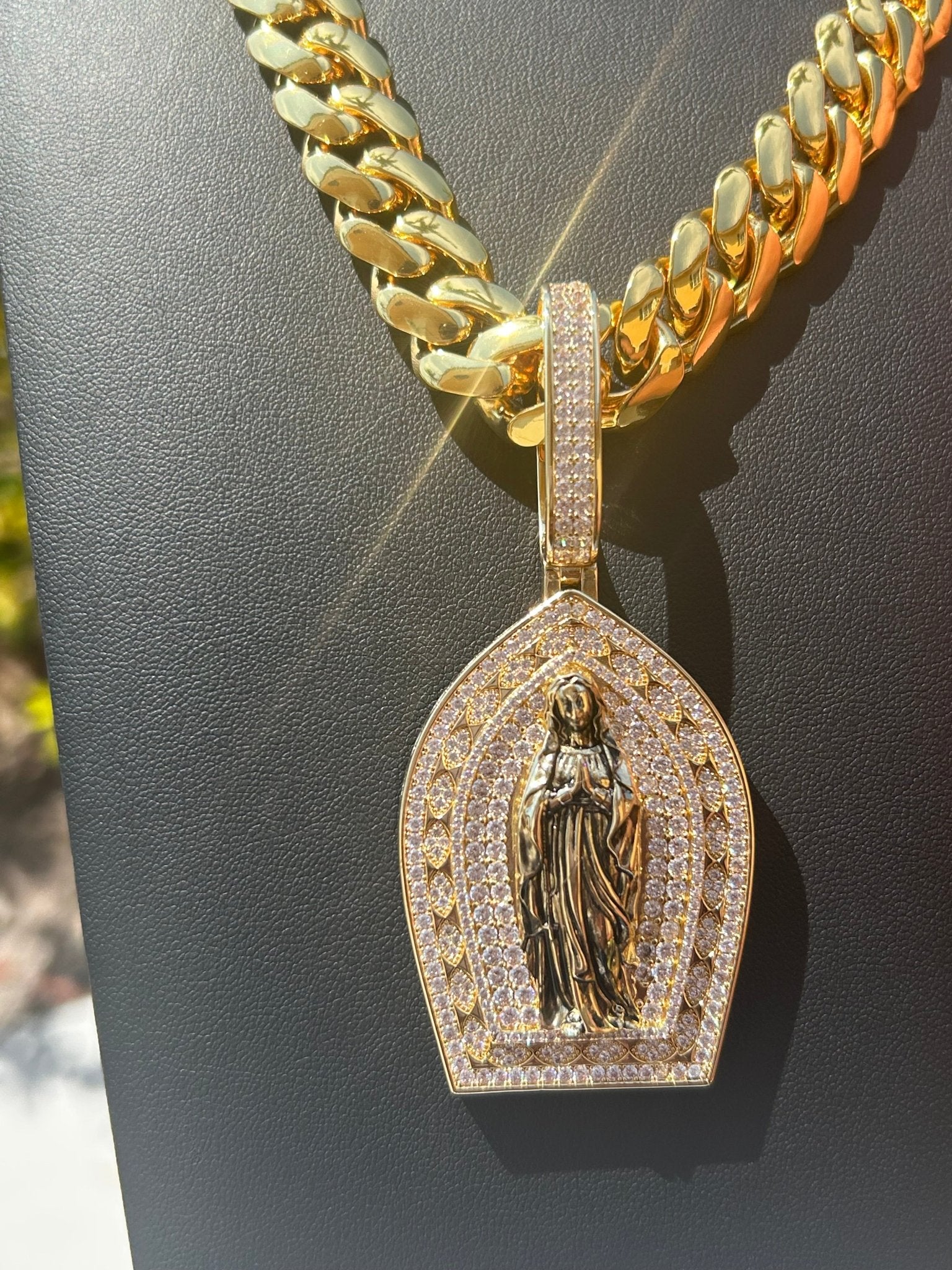 Miami Gold Cuban Chain & Virgin Mary Pendant Set - Virtue Jewel14mm (Slim)16inch
