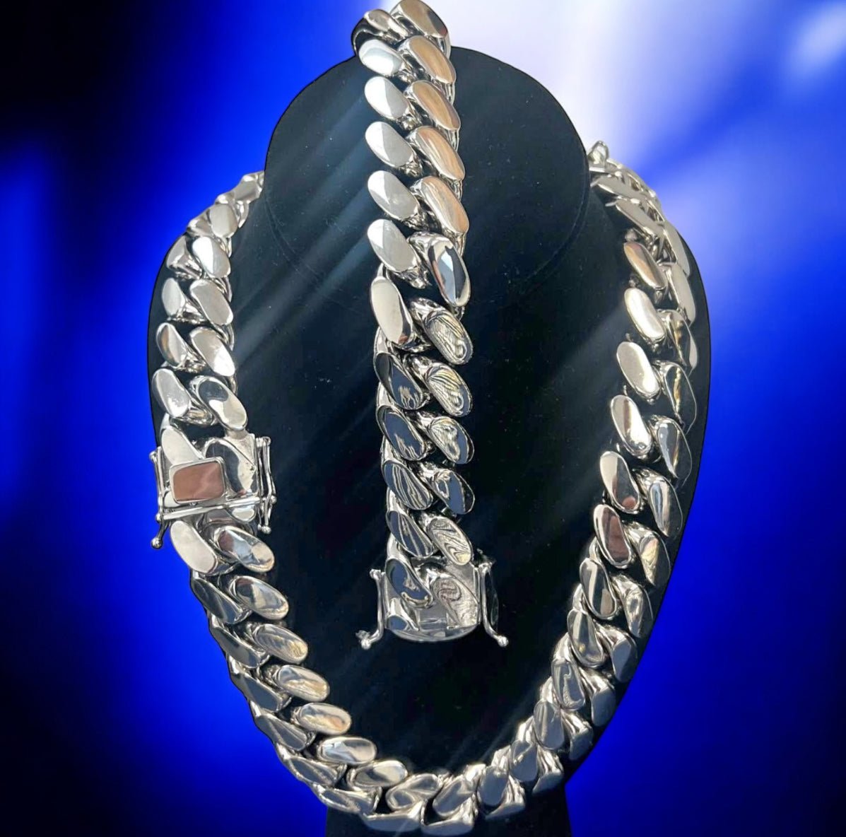 Miami White Gold Silver Plated Cuban Link Chain & Bracelet Set - Virtue JewelJewelry Set