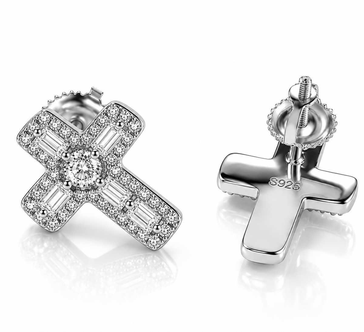 Moissanite Cross Earrings S925 Sterling Silver Iced Out VVS D Color Baguette - Virtue JewelSilverEarrings