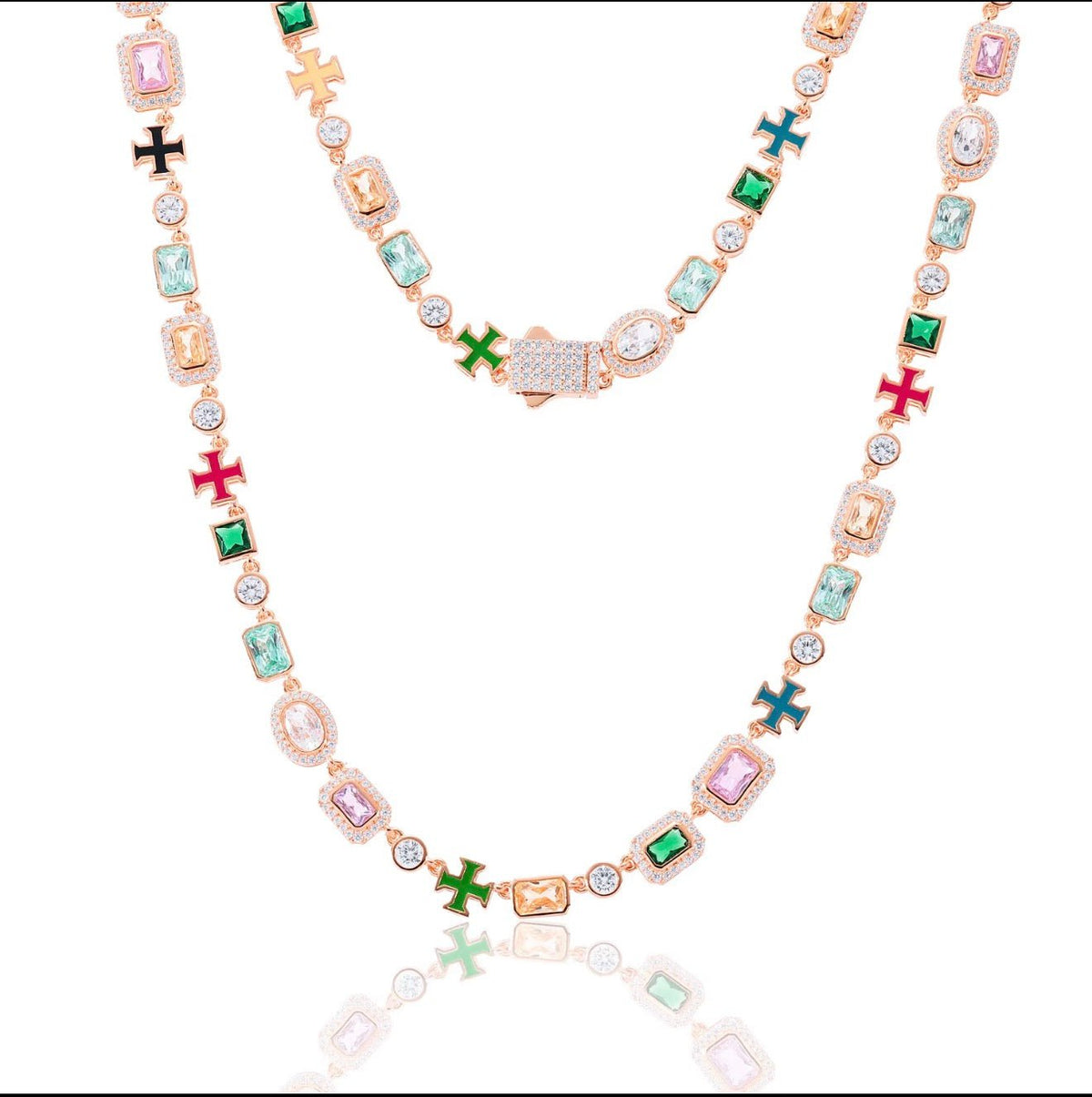 Multicolor Gemstone Cross Tennis Chain Necklace - Virtue JewelGold