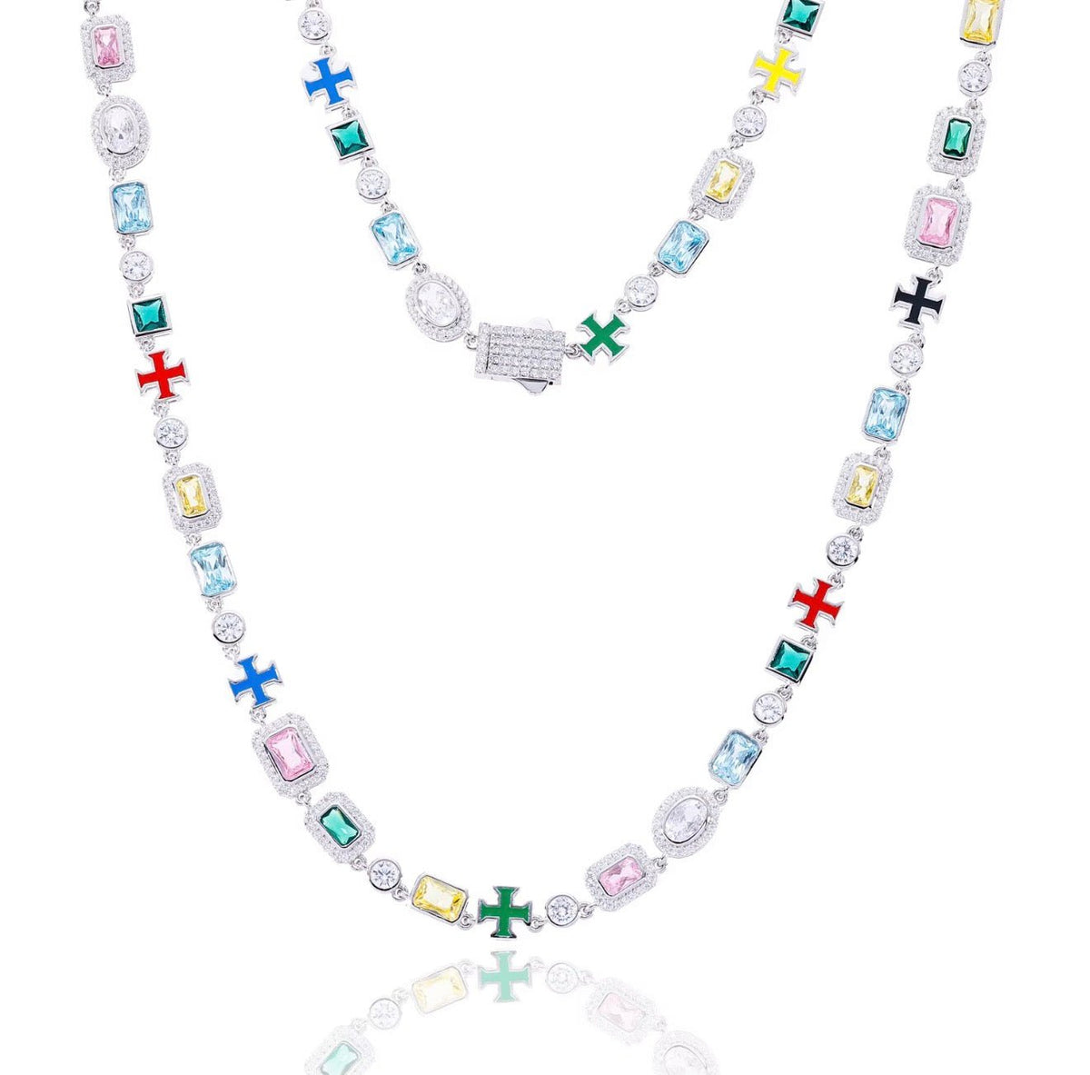 Multicolor Gemstone Cross Tennis Chain Necklace - Virtue JewelGold