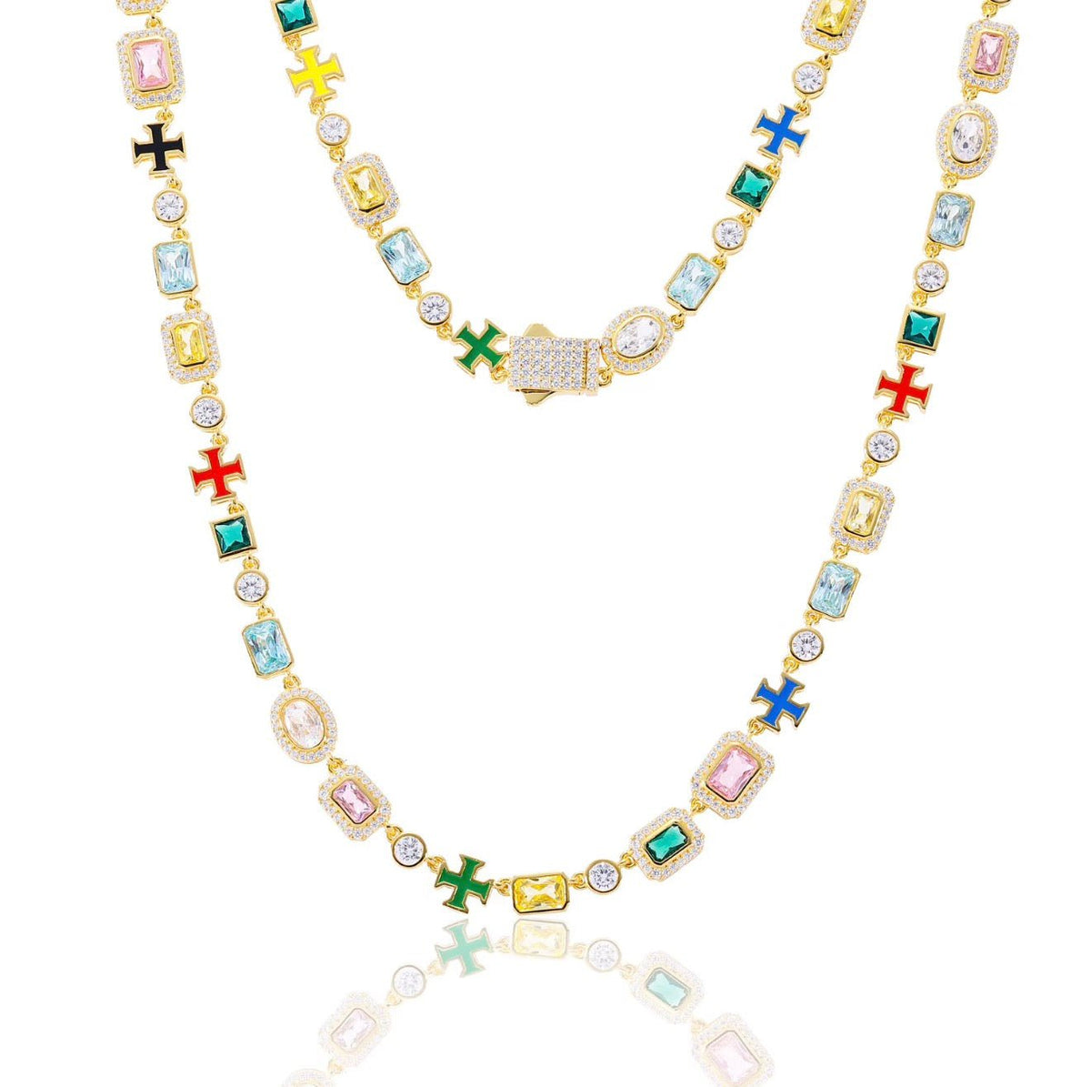 Multicolor Gemstone Cross Tennis Chain Necklace - Virtue JewelGold