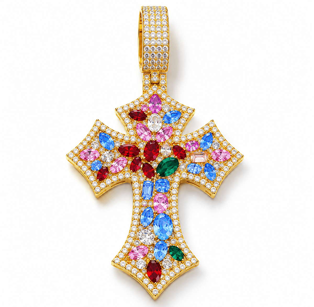 Multicolor Iced-Out Cross Pendant – Rainbow CZ Statement Jewelry - Virtue JewelGold