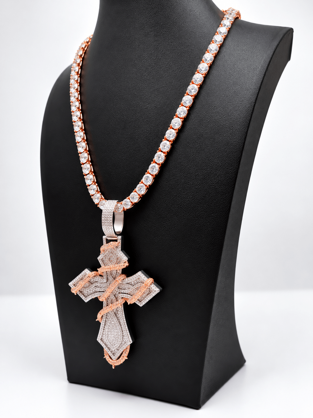 Rose Gold & Silver Iced-Out Cross Pendant with Tennis Chain - Virtue Jewel