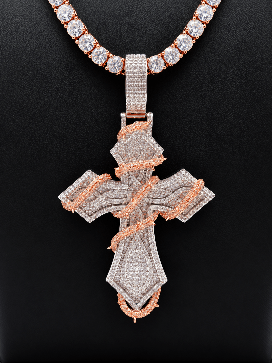 Rose Gold & Silver Iced-Out Cross Pendant with Tennis Chain - Virtue Jewel