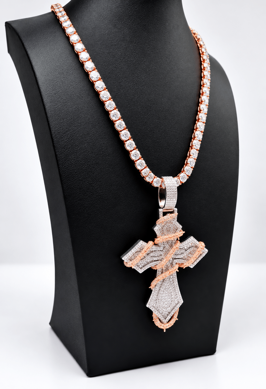Rose Gold & Silver Iced-Out Cross Pendant with Tennis Chain - Virtue Jewel