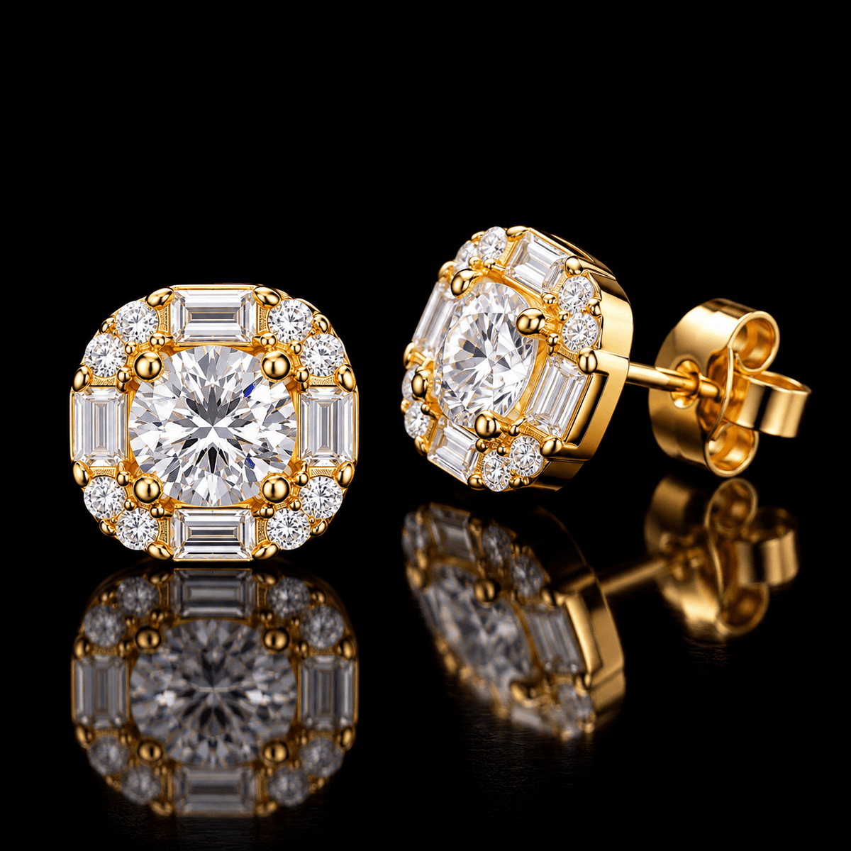 Round & Baguette Halo Stud Earrings – 925 Sterling Silver Moissanite, Gold & White Gold - Virtue JewelWhite Gold