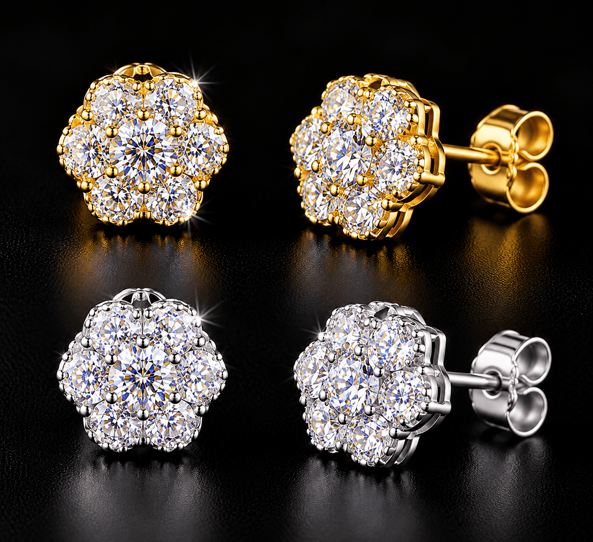 Royal Bloom Iced-Out Diamond-Style Cluster Stud Earrings – Gold & Silver - Virtue JewelGold