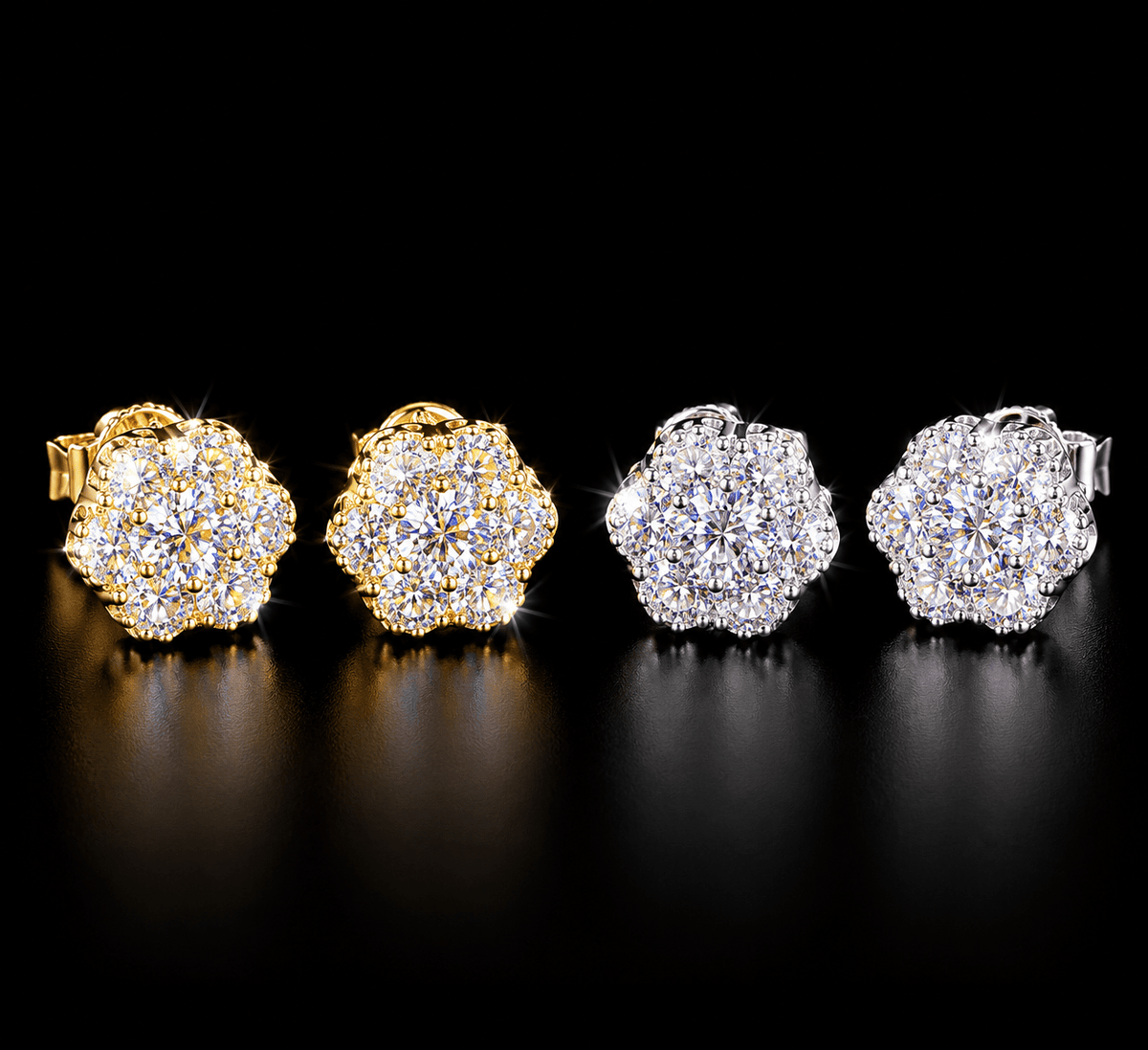 Royal Bloom Iced-Out Diamond-Style Cluster Stud Earrings – Gold & Silver - Virtue JewelGold