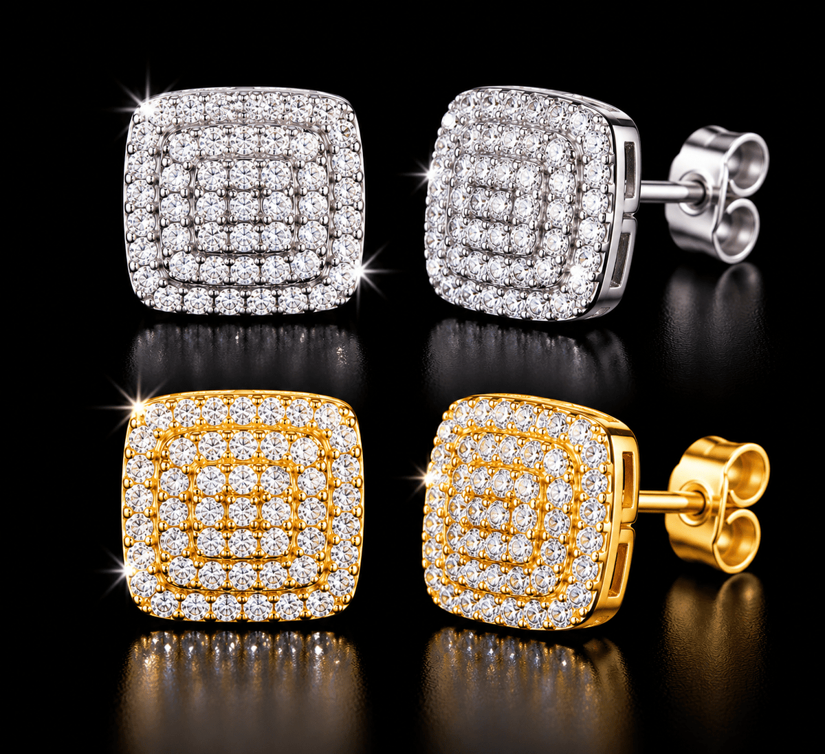 Royal Ice Iced-Out Square Cluster Stud Earrings – Gold & Silver - Virtue JewelGold