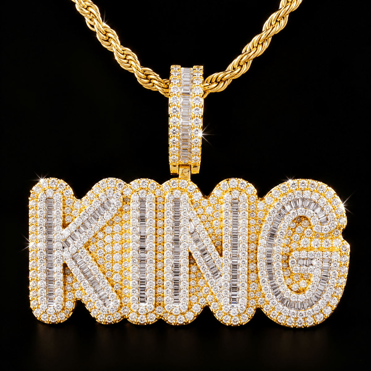 Royal King Iced-Out Baguette Pendant Necklace – Gold - Virtue Jewel