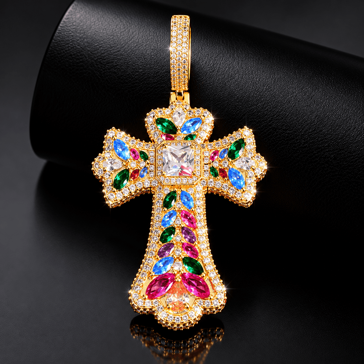 Royal Radiance Multicolor Iced-Out Cross Pendant – Gold-Tone Statement Jewelry - Virtue Jewel