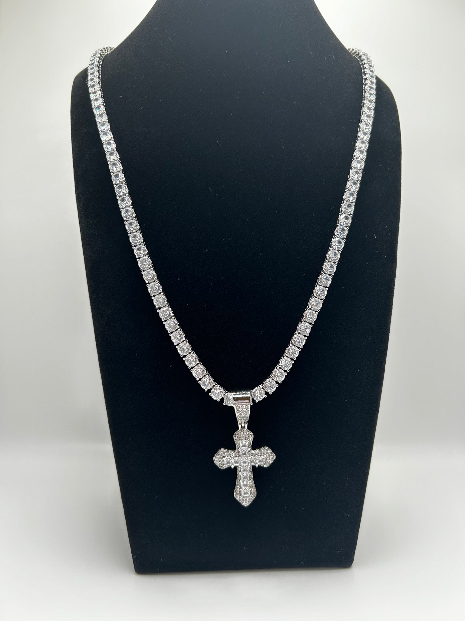 Silver Tennis Chain & Jesus Pendant Set - Virtue JewelWhite Crystal Cross18inch