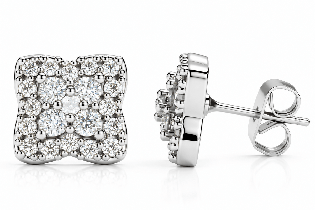 Square Flower Iced Zircon Stud Earrings – Gold & Silver Plated - Virtue JewelSilverEarrings