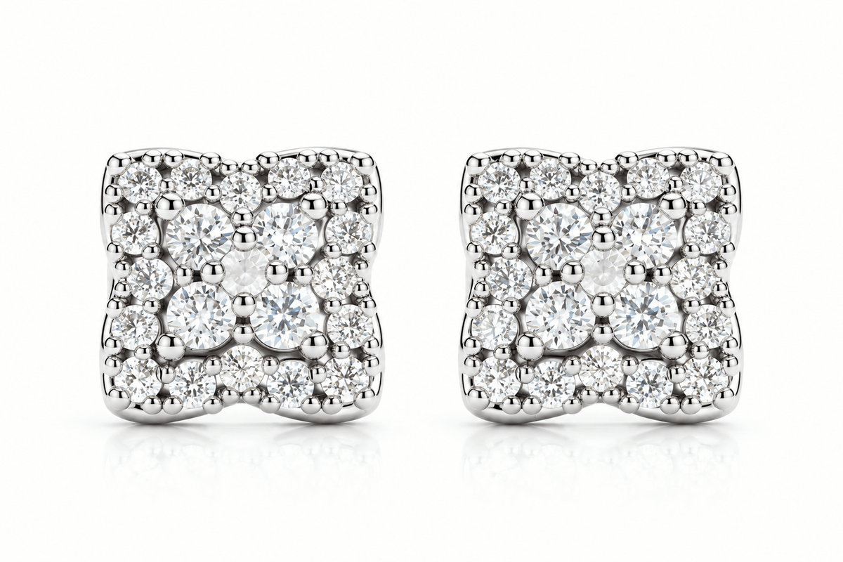 Square Flower Iced Zircon Stud Earrings – Gold & Silver Plated - Virtue JewelSilverEarrings
