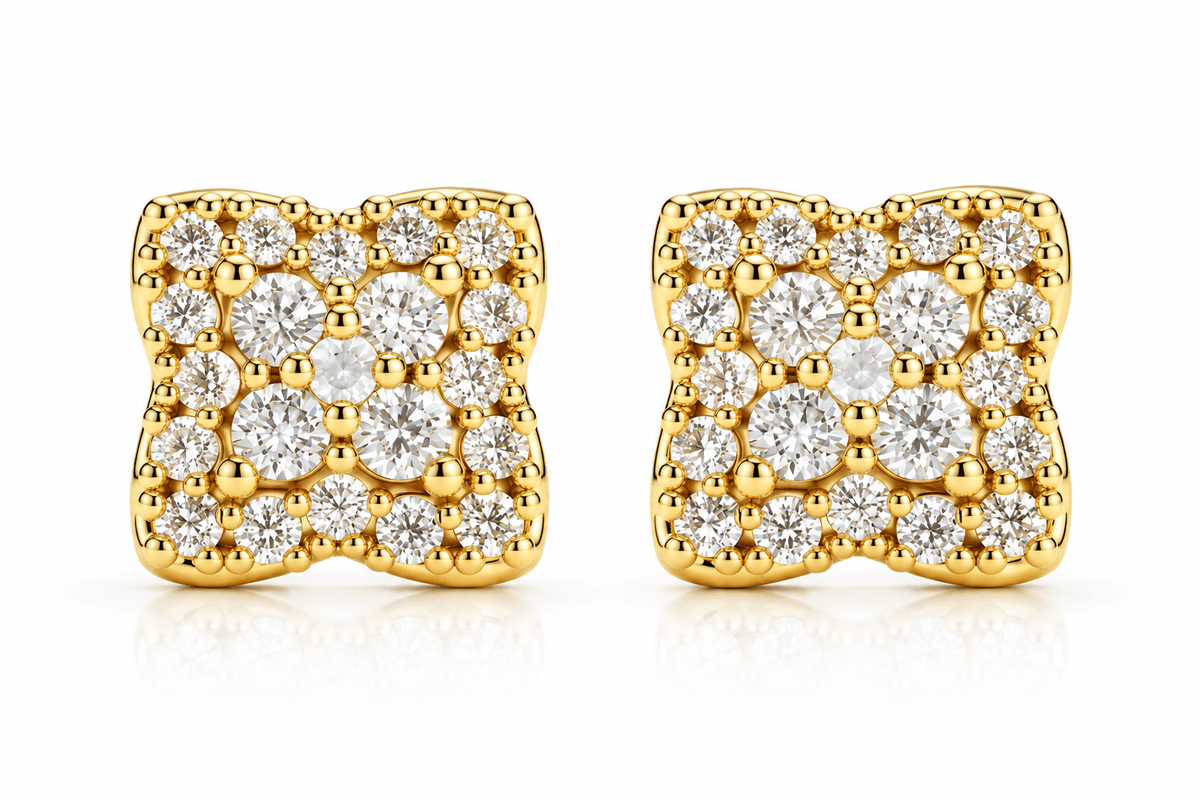 Square Flower Iced Zircon Stud Earrings – Gold & Silver Plated - Virtue JewelSilverEarrings