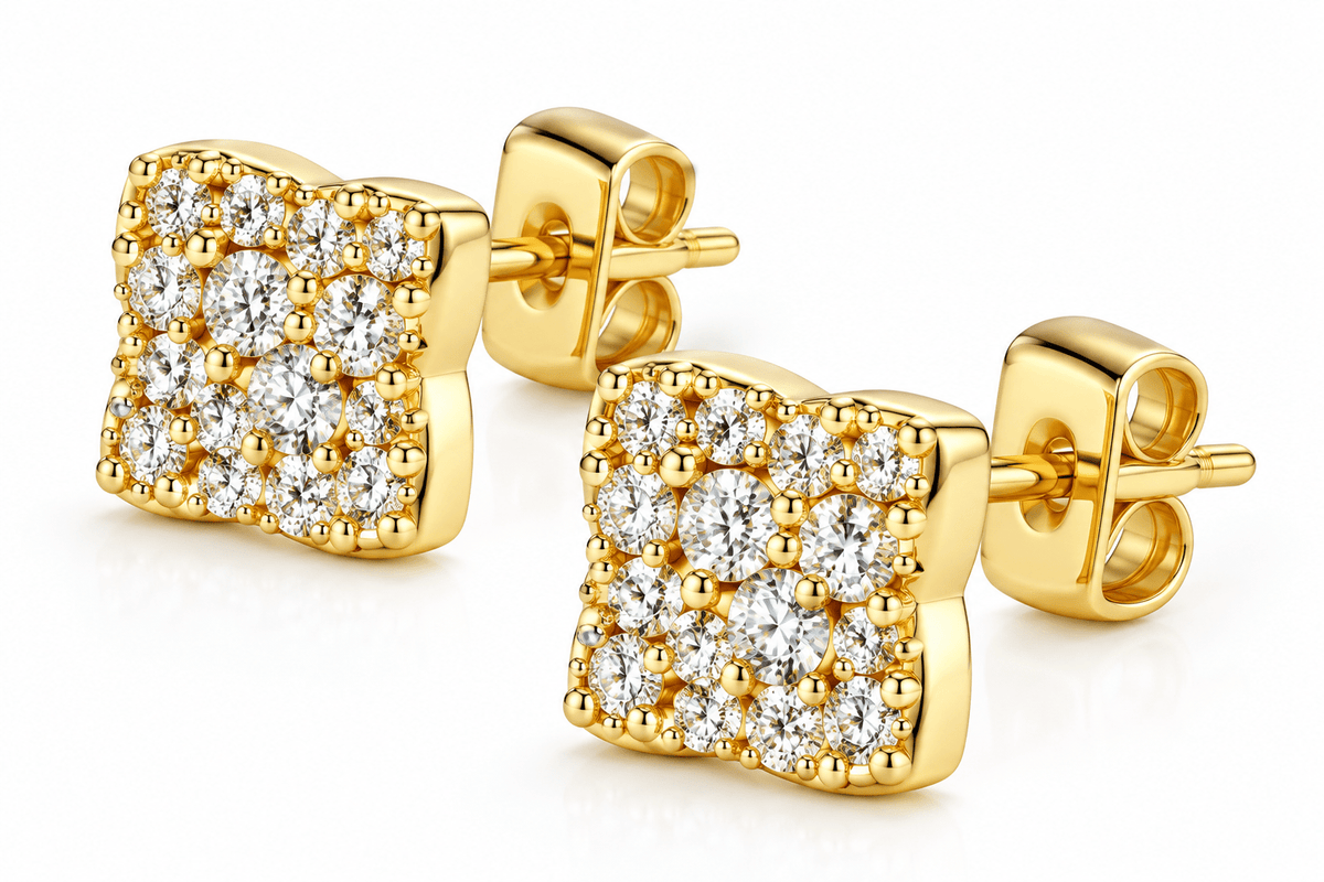 Square Flower Iced Zircon Stud Earrings – Gold & Silver Plated - Virtue JewelSilverEarrings