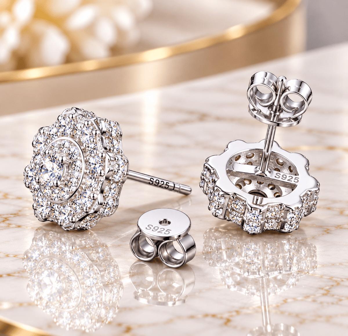 VVS Moissanite Sparkling Halo Stud Earrings – 925 Sterling Silver - Virtue JewelWhite GoldEarrings